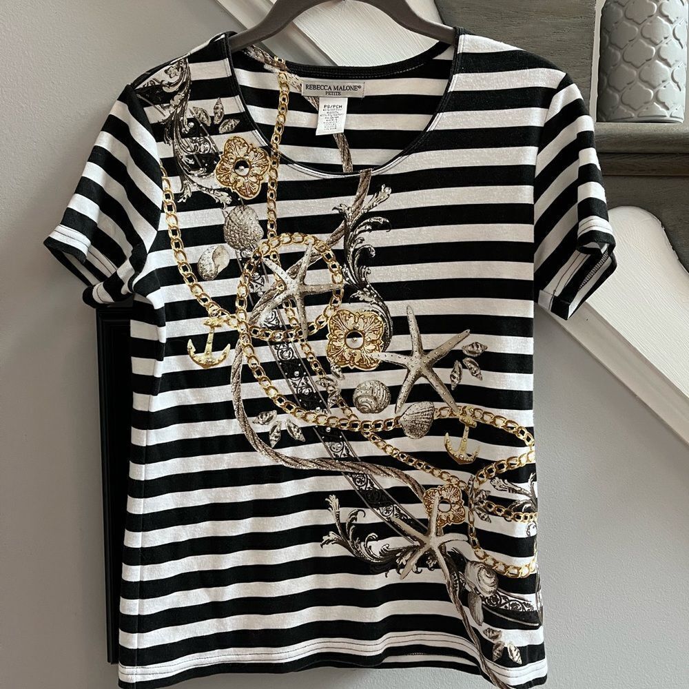 Rebecca Malone Black & White Stripe Seashell Embellished T-Shirt sz SP EUC